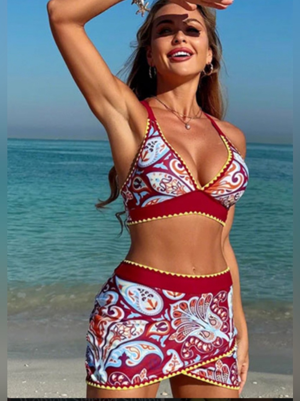 Red Paisley Two-Piece Swim Set with Skirt.  Size S. New.